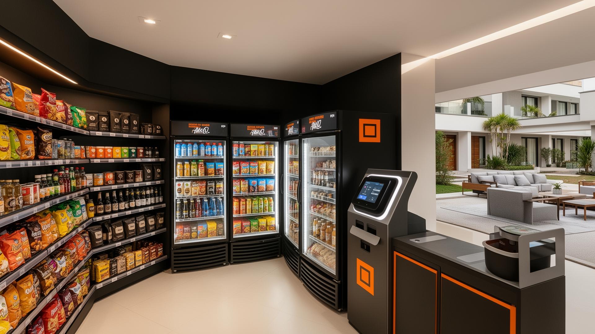 Mercado autônomo moderno instalado em ambiente de condomínio