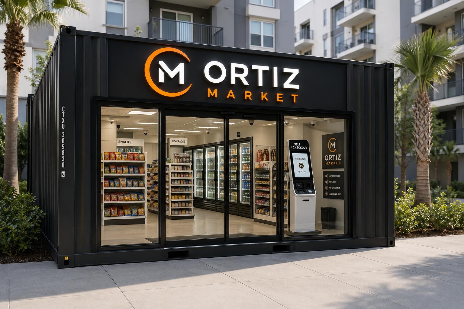 Vista externa de mercado autônomo Ortiz Market em condomínio